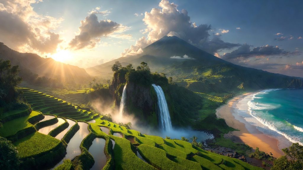 Panorama komprehensif Pulau Lombok dari udara yang memperlihatkan Gunung Rinjani dan garis pantai selatan.